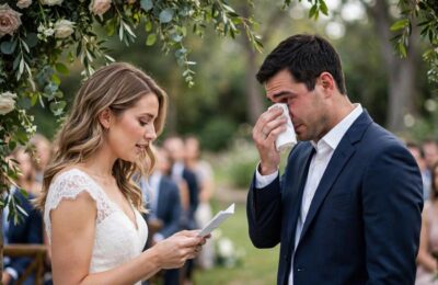 An emotional vow exchange at an outdoor ceremony — wedding vow examples help couples find their own words