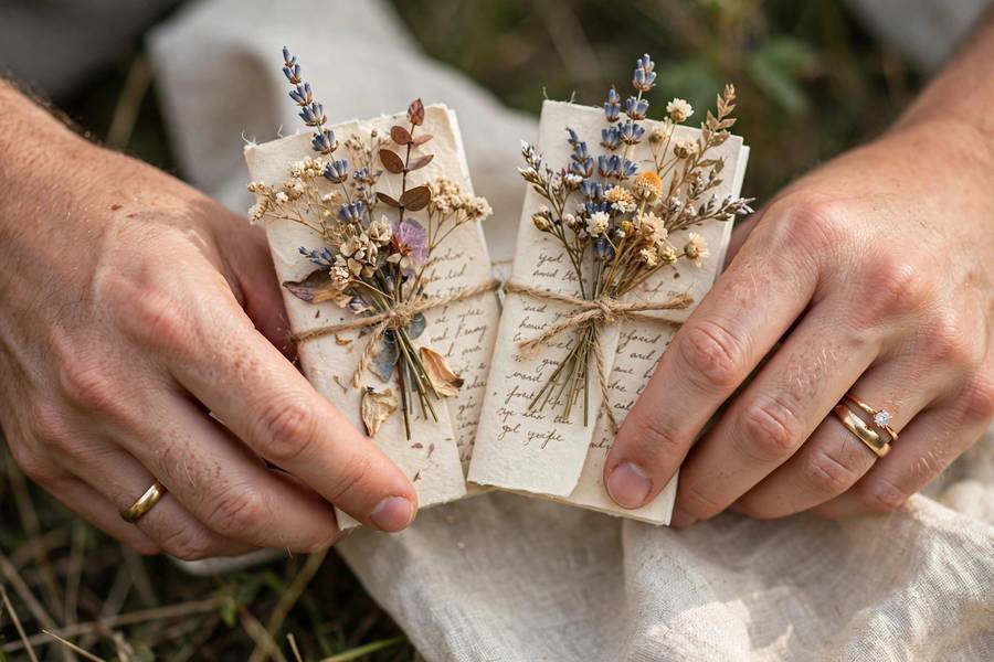 Handwritten vow booklets with wedding rings — personal vows inspired by wedding vow examples