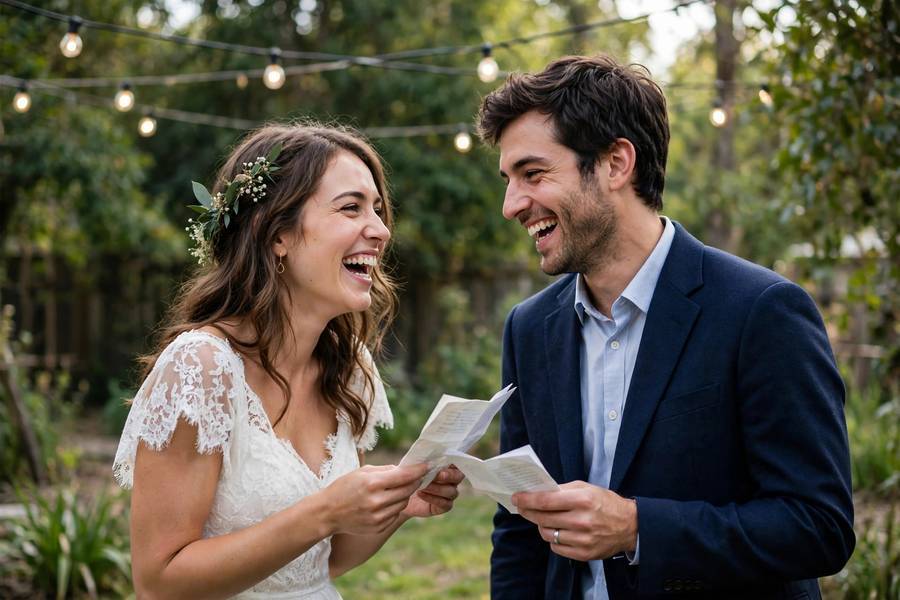 A joyful funny moment during vow exchange — wedding vow examples range from romantic to humorous