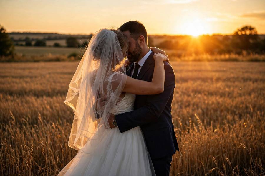Newlyweds at sunset after exchanging personal vows written with help from wedding vow examples