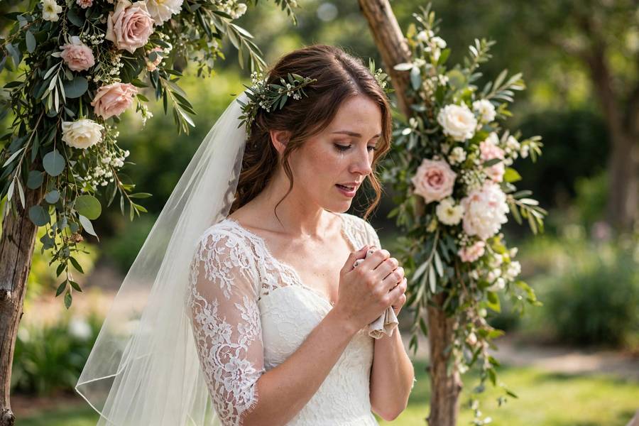 Bride reading vows at wedding ceremony