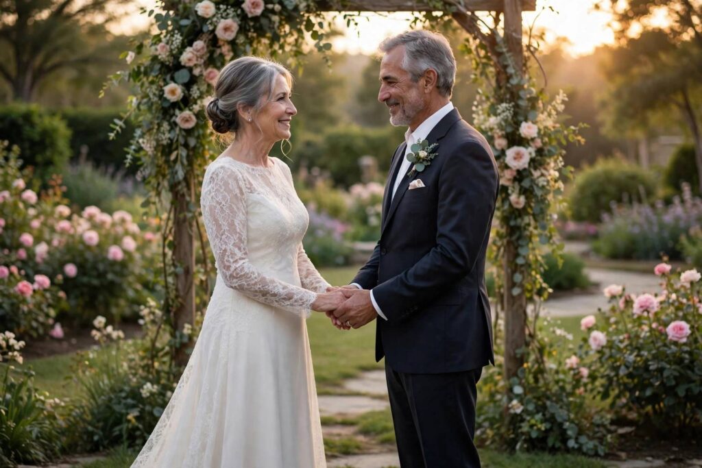 Mature couple holding hands during an outdoor vow renewal ceremony