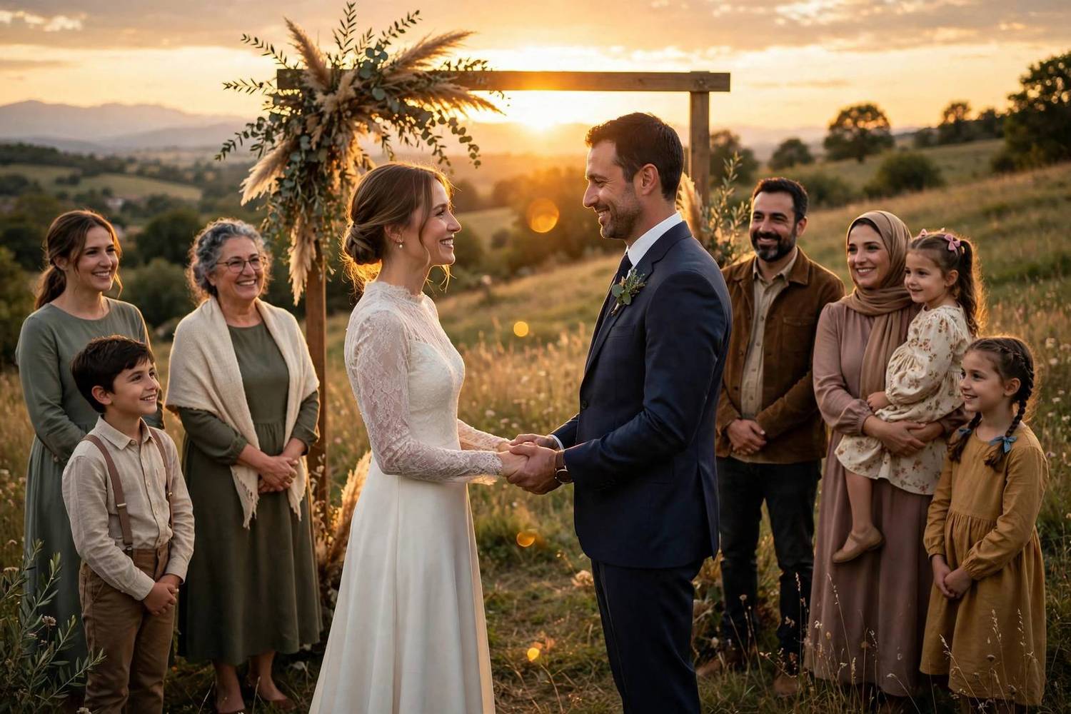 Couple renewing vows in front of family and children at sunset