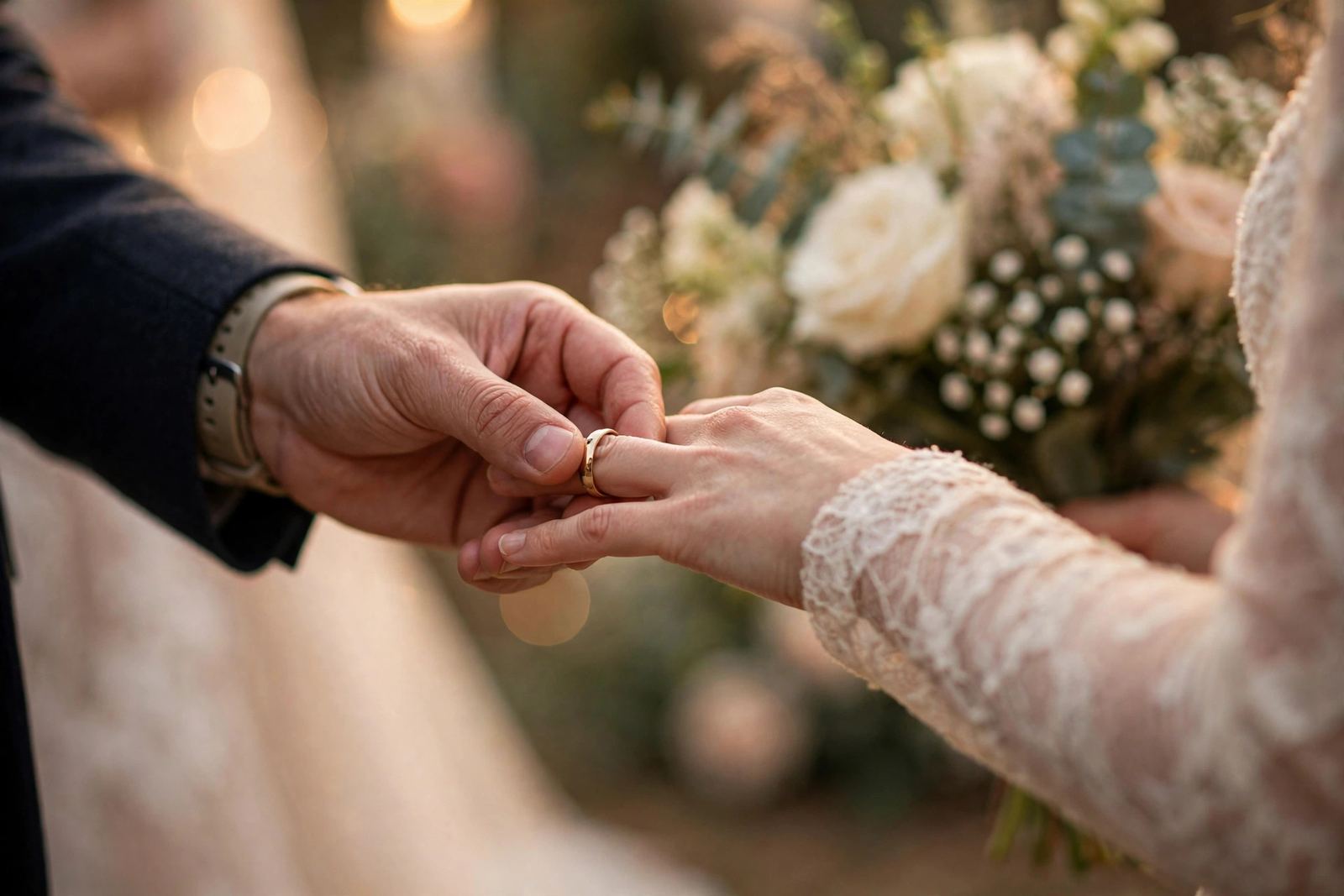 Close-up of couple exchanging rings during a vow renewal