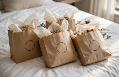 Wedding welcome bags on a hotel bed — thoughtful wedding welcome bag ideas for out-of-town guests