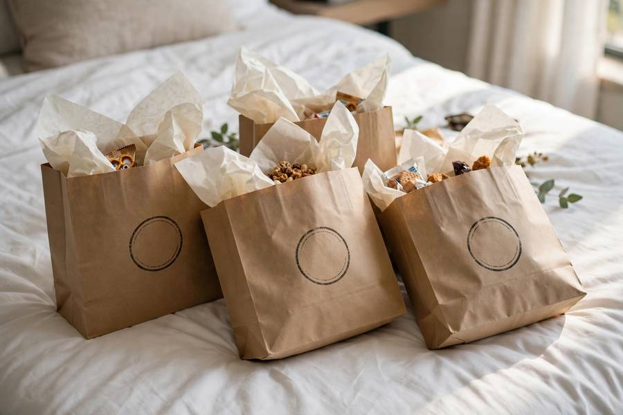 Wedding welcome bags on a hotel bed — thoughtful wedding welcome bag ideas for out-of-town guests