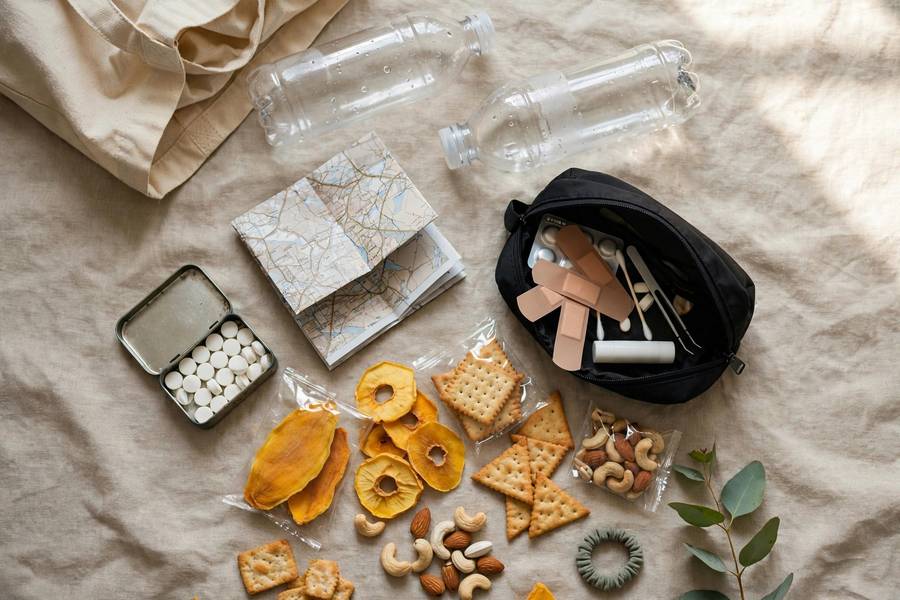 Welcome bag contents laid out — the best wedding welcome bag ideas mix practical and local touches