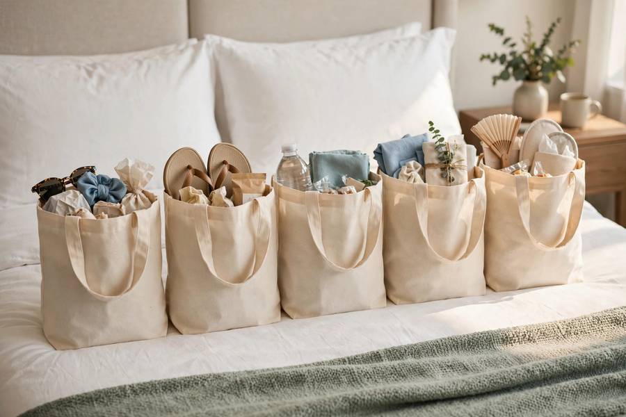 Wedding welcome bags lined up at hotel