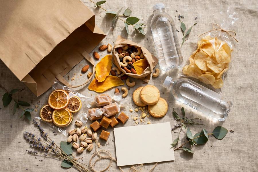 Welcome bag contents flat lay