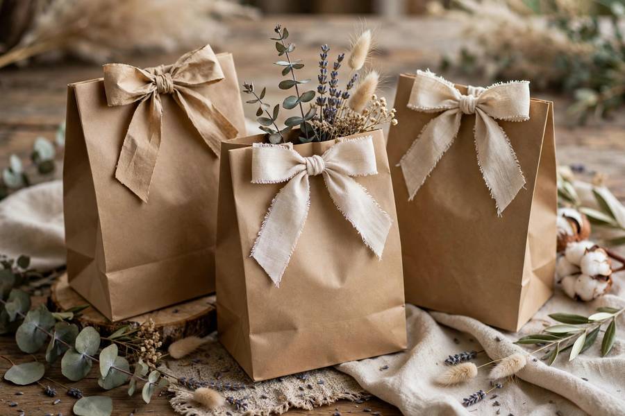 Kraft paper welcome bags with ribbon