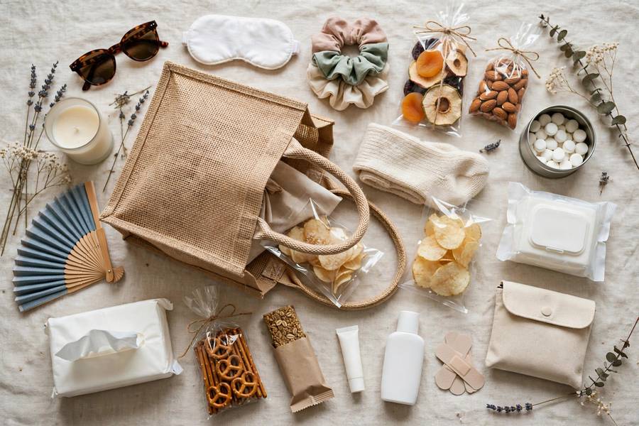 Welcome bag contents flat lay
