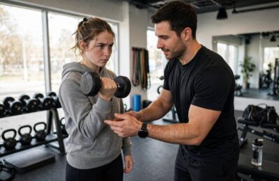 Beginner learning weight lifting form with trainer guidance
