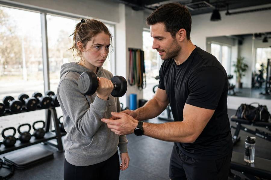 Beginner learning weight lifting form with trainer guidance