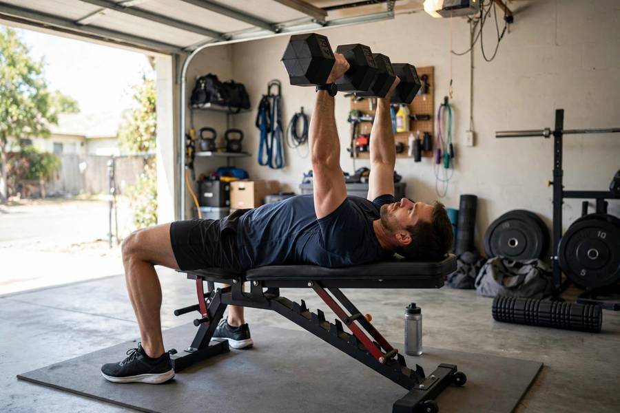 Beginner practicing dumbbell bench press with proper weight lifting form