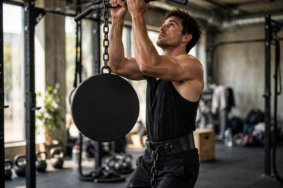 Athlete performing weighted pull-up with dip belt and weight plate in a gym