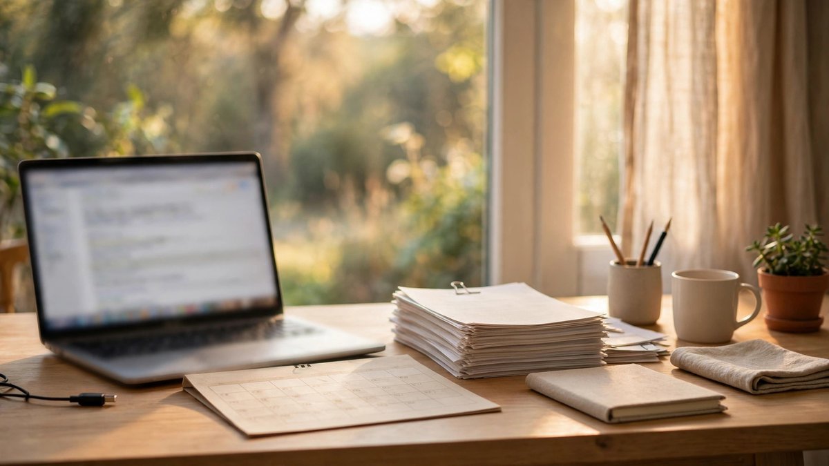 Workspace scene showing an AI assistant drafting an email while referencing a calendar and documents