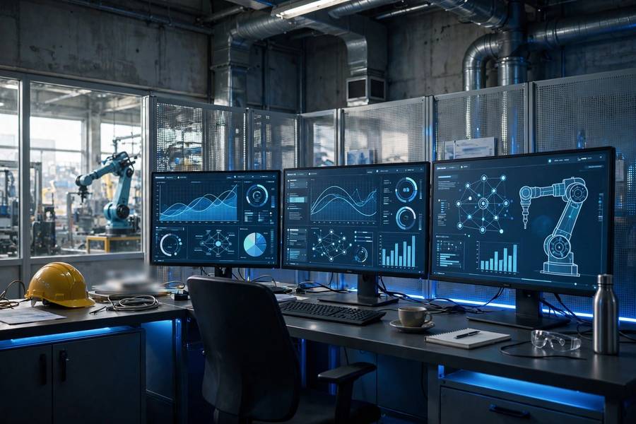 A factory control room showing automated agent-driven processes