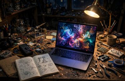 Night workbench with laptop showing abstract AI artwork — what are AI tools, featured image
