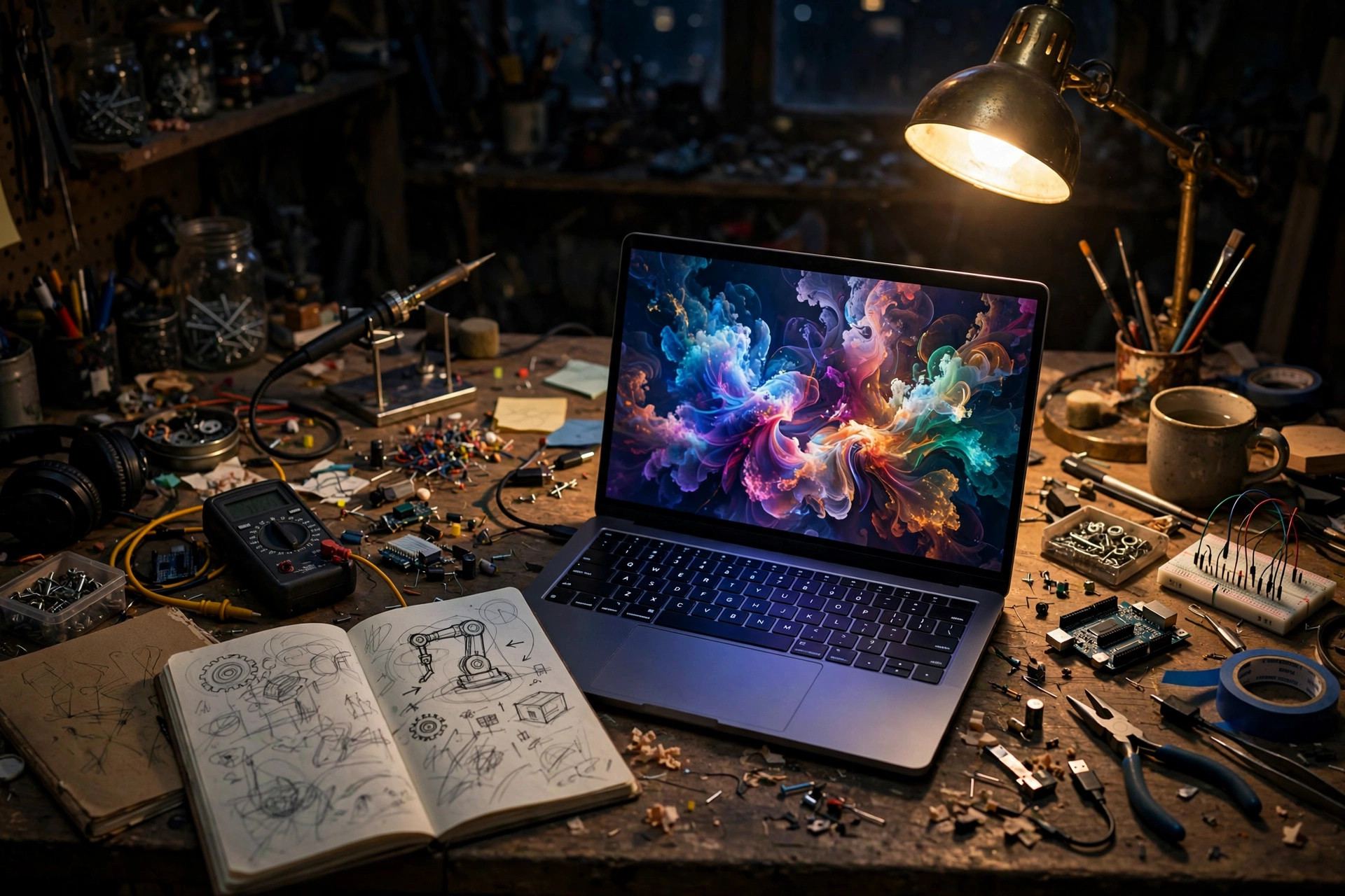Night workbench with laptop showing abstract AI artwork — what are AI tools, featured image