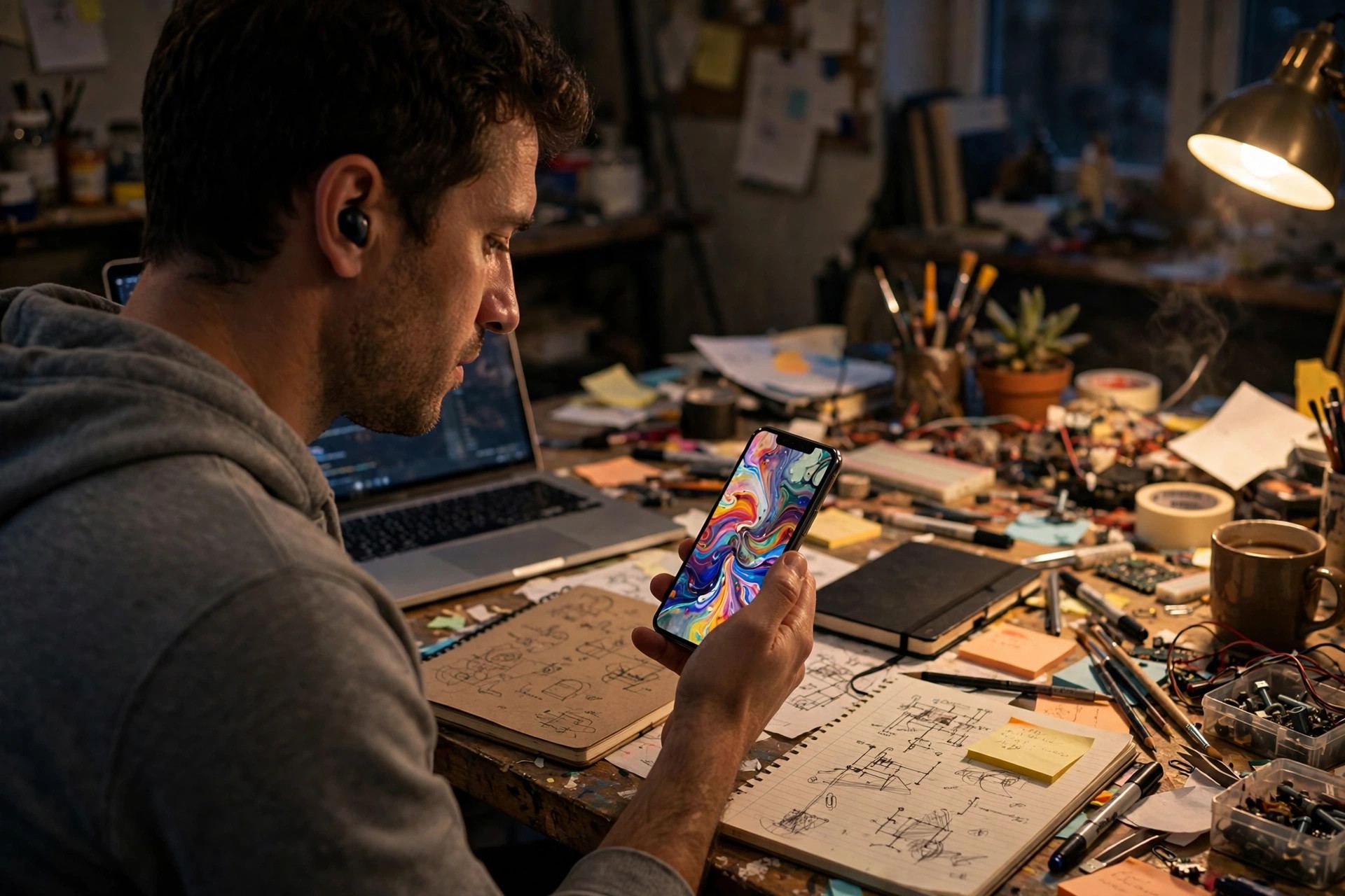 Person at a workbench holding a phone with abstract AI imagery — experimenting with AI tools