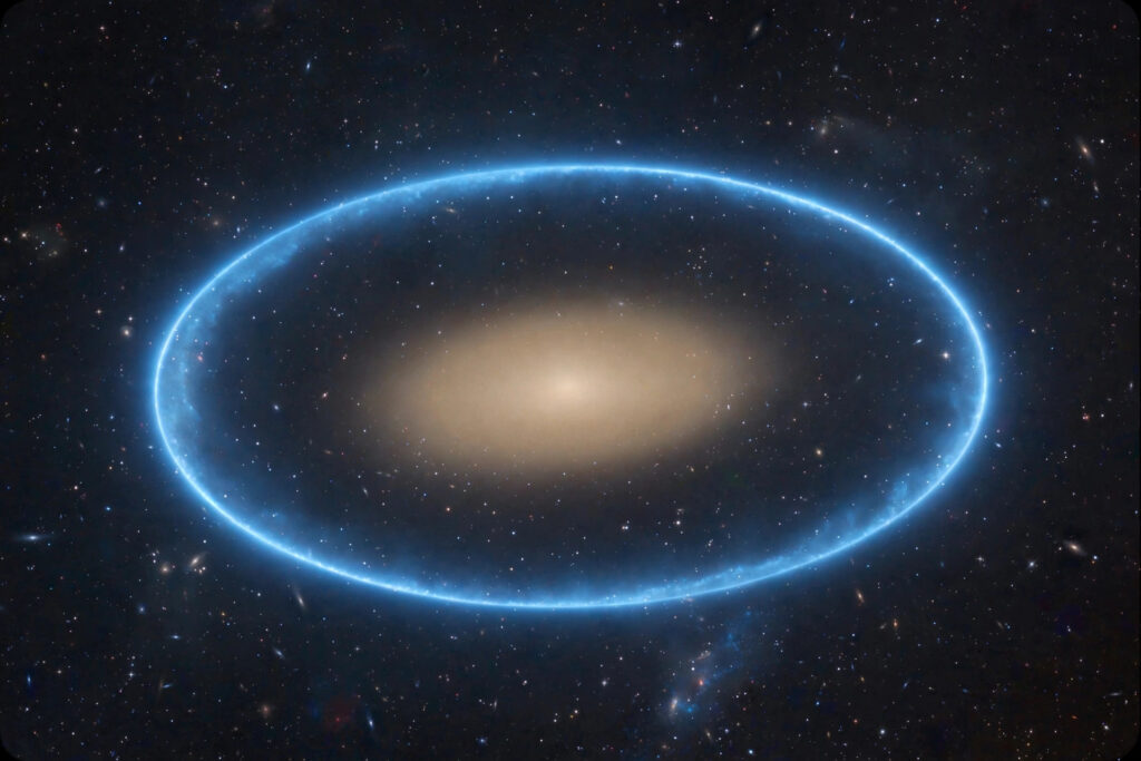 Vivid photorealistic deep-space view of a distant elliptical galaxy surrounded by a thin glowing blue ring of light against a starfield, no people