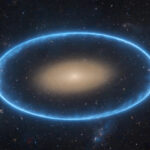 Vivid photorealistic deep-space view of a distant elliptical galaxy surrounded by a thin glowing blue ring of light against a starfield, no people