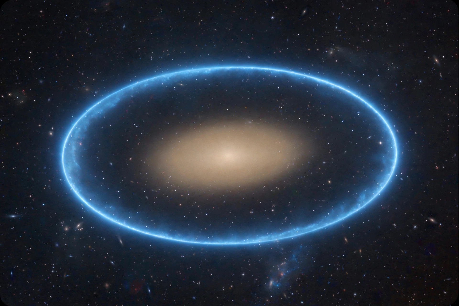 Vivid photorealistic deep-space view of a distant elliptical galaxy surrounded by a thin glowing blue ring of light against a starfield, no people