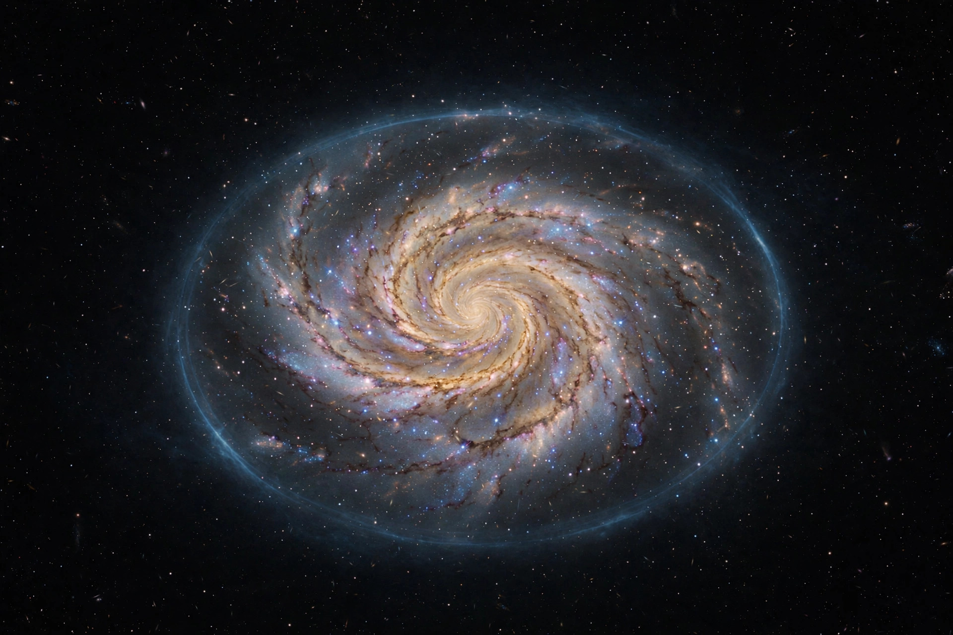 Vivid photorealistic close-up of a swirling spiral galaxy in deep space with a faint luminous blue ring encircling it, starfield background, no people