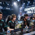 Professional esports players with headsets competing on stage under bright lights
