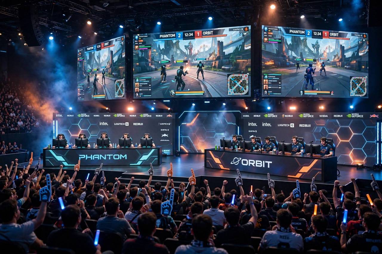 Esports arena with two professional teams on stage, large screens showing the match and a cheering crowd