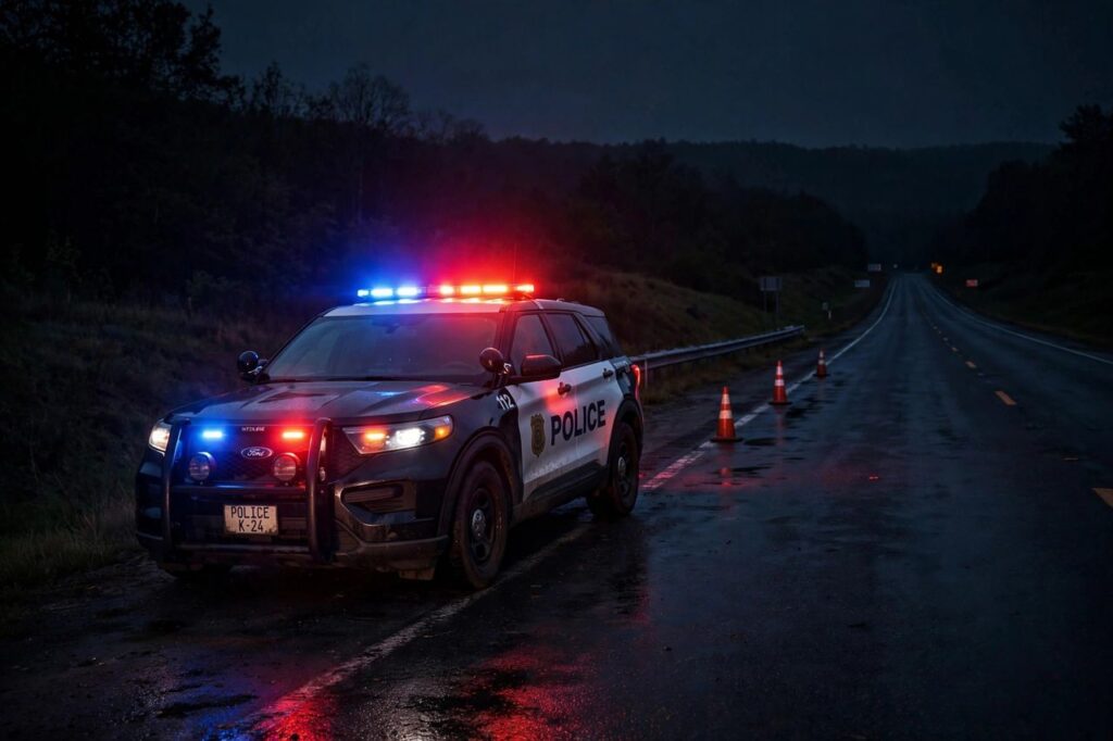 Police car with flashing lights at night during a traffic stop
