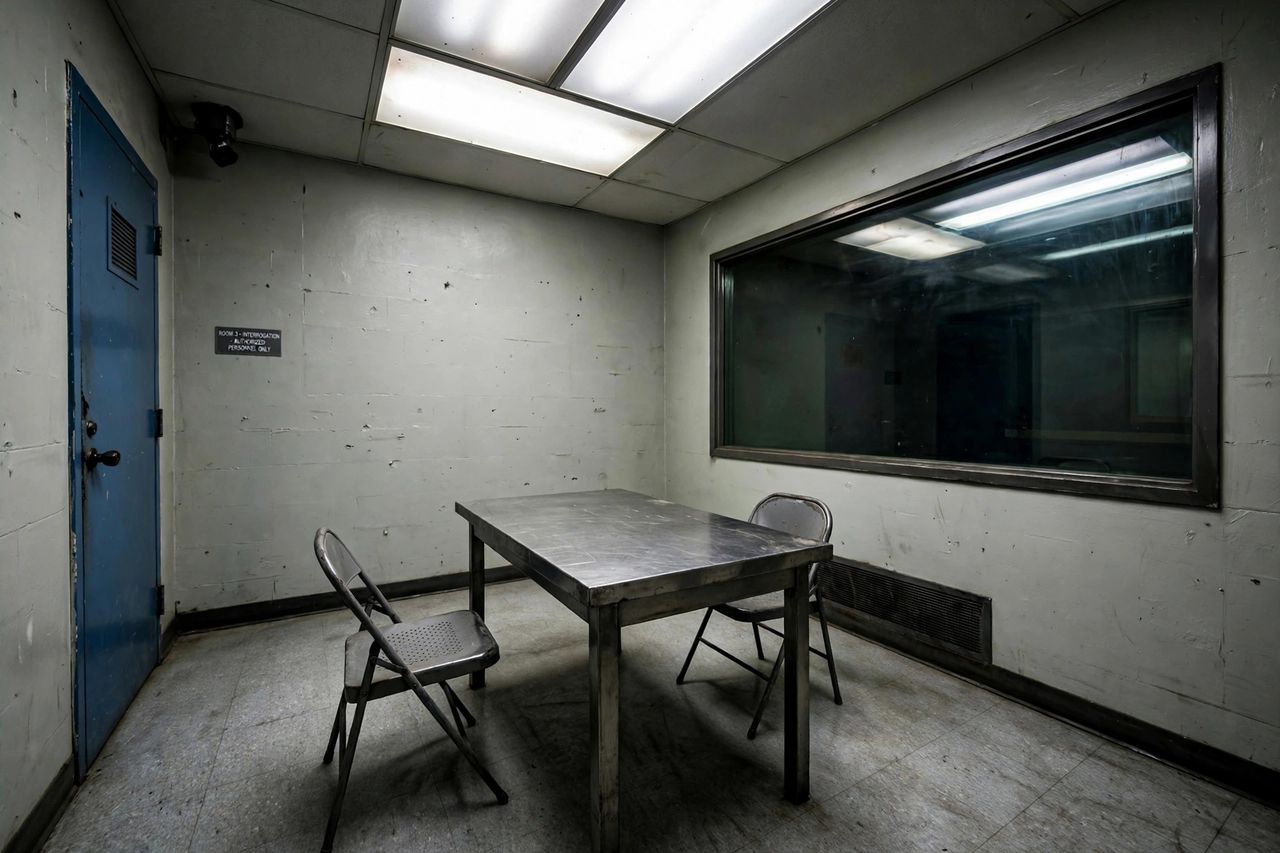 Empty police interrogation room with table and chairs