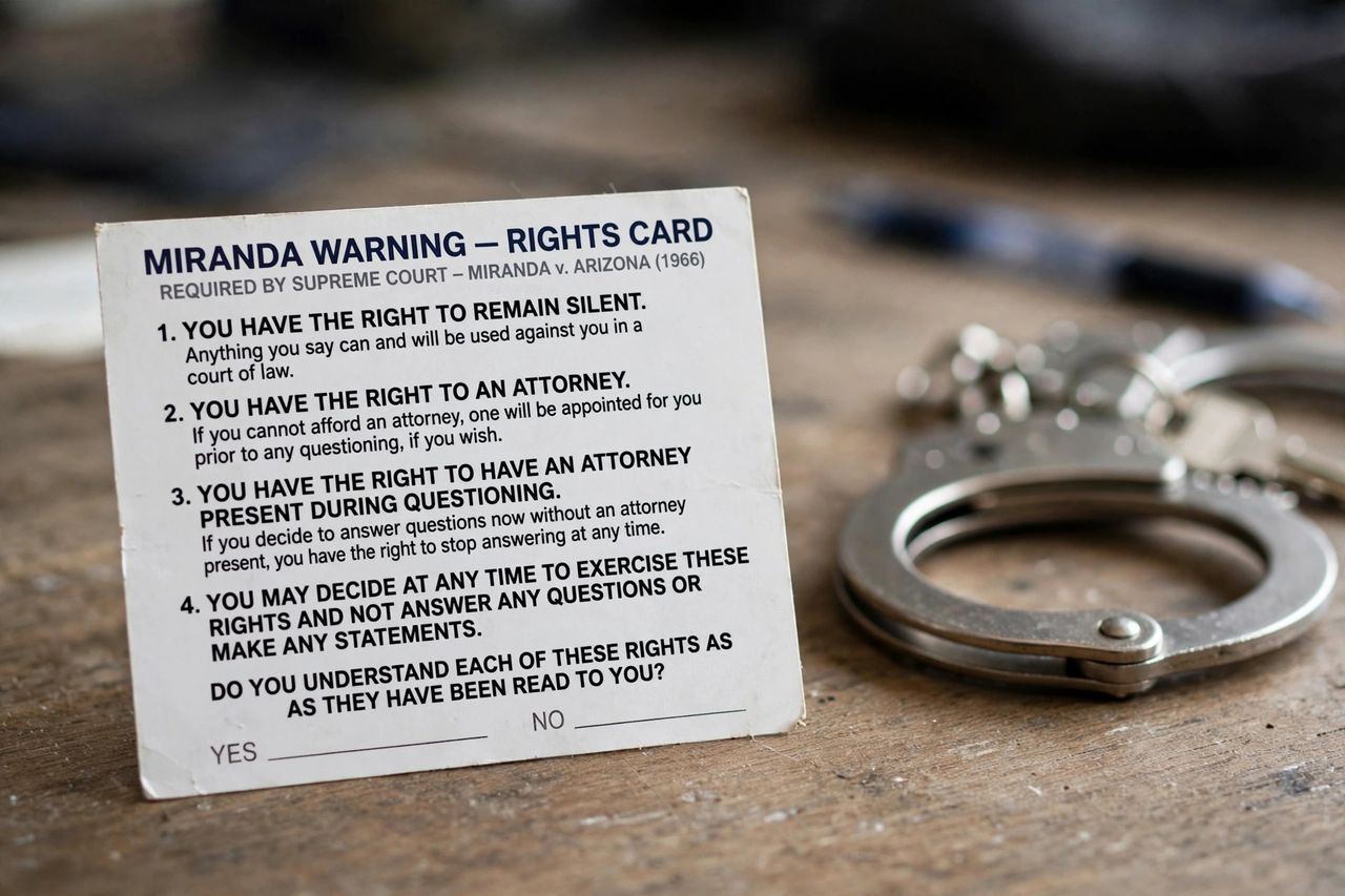 Close-up of a printed Miranda warning rights card