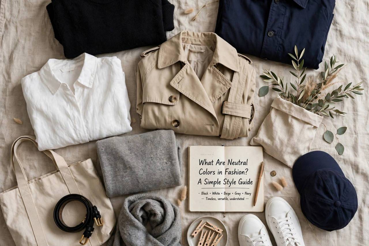 Flat lay of neutral clothing items in black white beige gray and navy