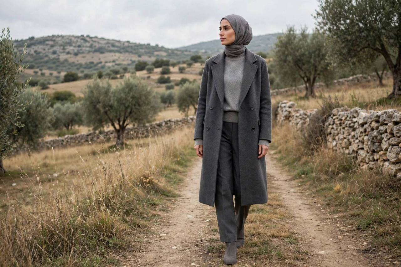 Elegant tonal outfit in layered gray and charcoal tones on a model
