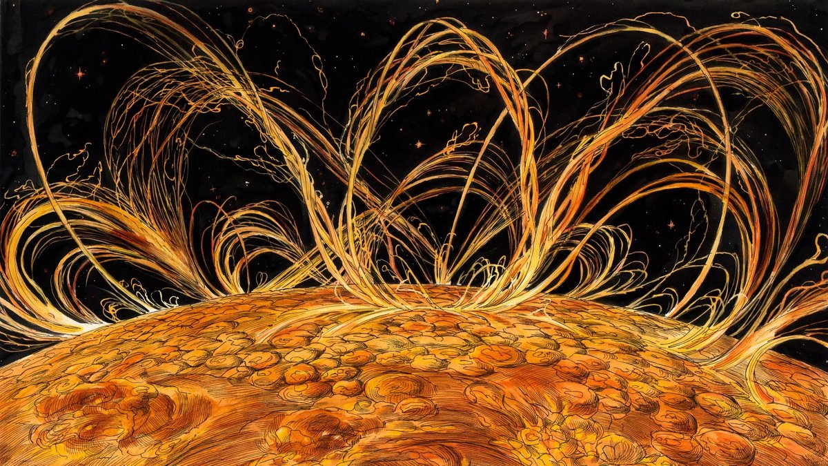 close-up illustration of the Sun's magnetic loops and field lines