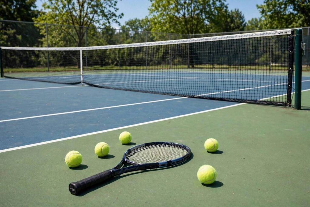 Tennis court with racket and balls