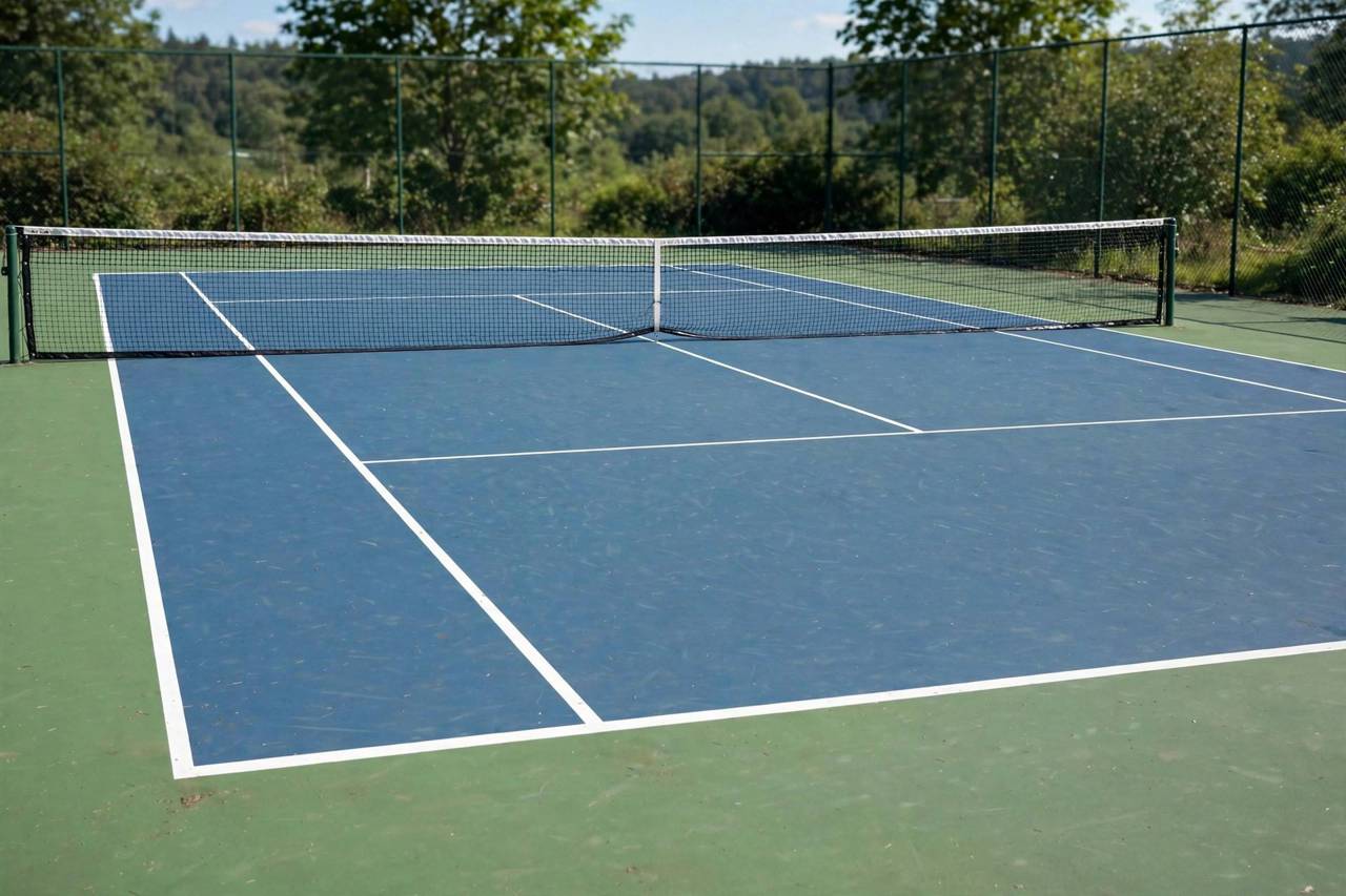 Tennis court with net and baseline markings