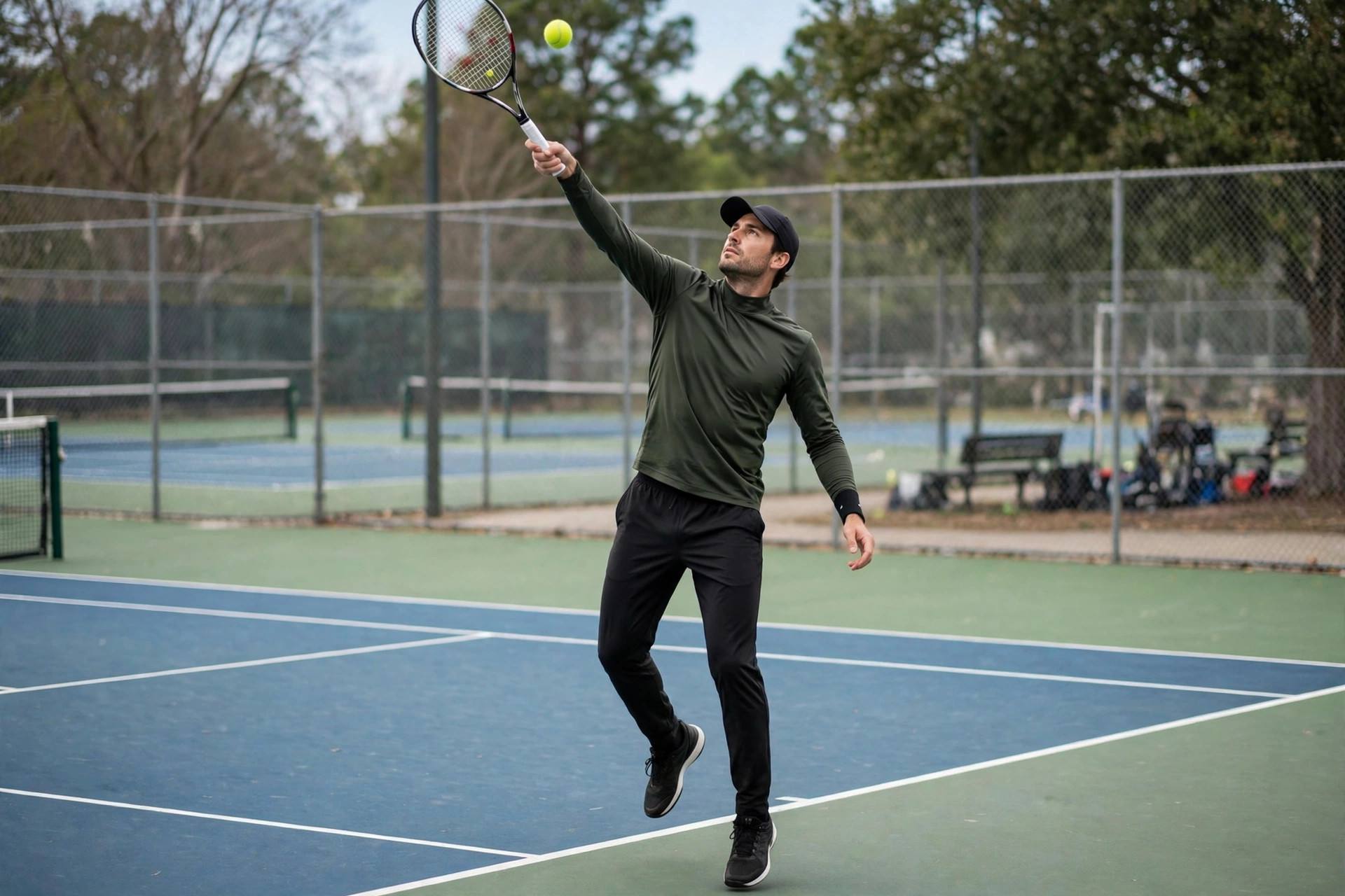Tennis player serving on a hard court