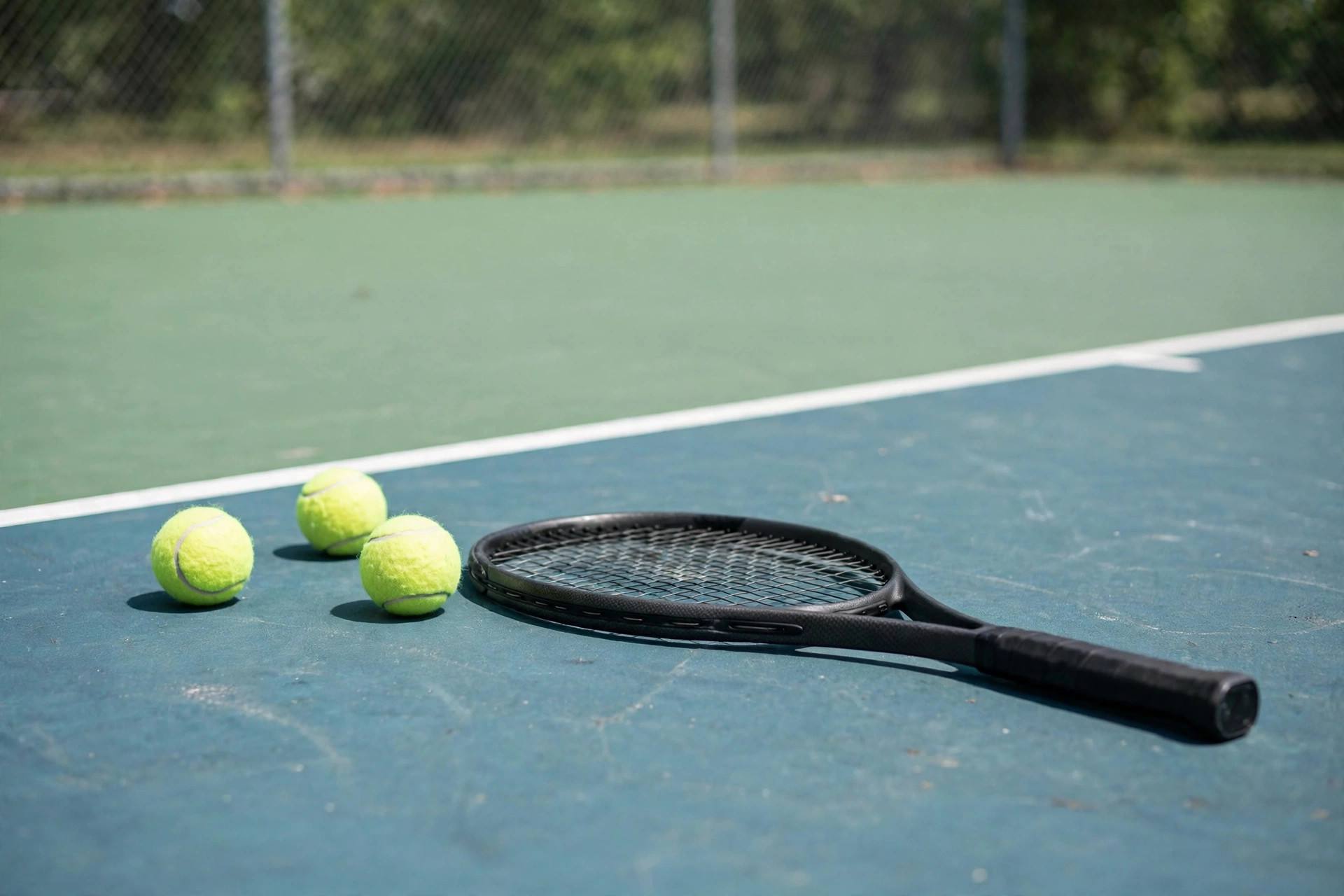 Tennis racket and balls on a court surface