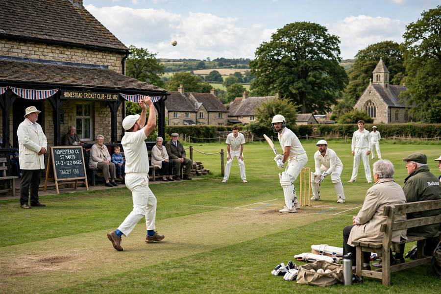 Amateur cricket match being played on a village green