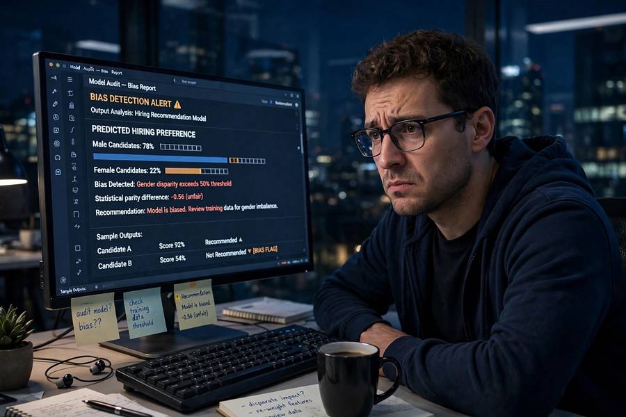 Programmer examining biased output to understand what causes AI bias