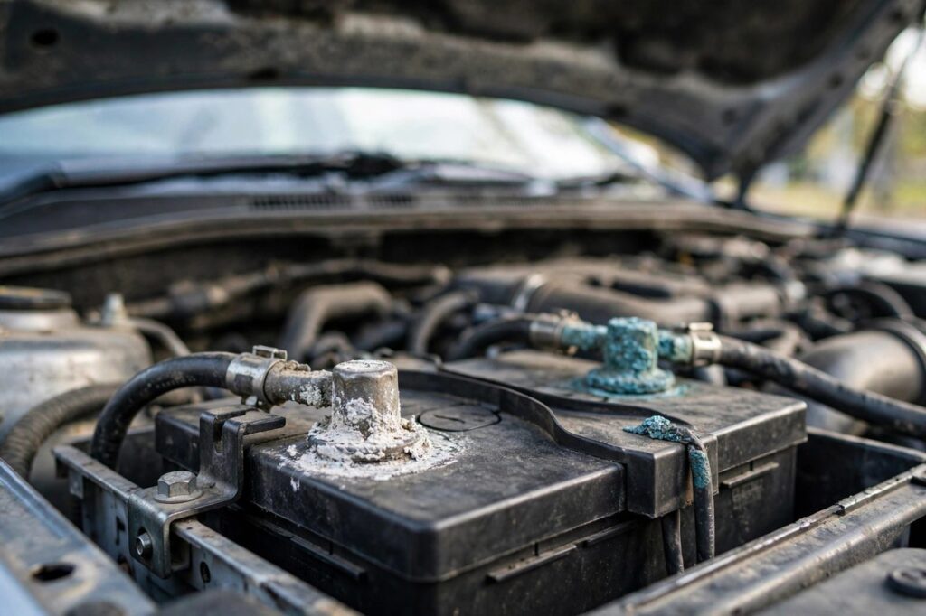 Car battery under the hood with corroded terminals visible on top