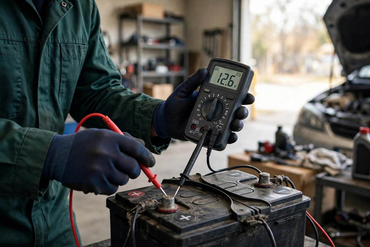 Mechanic testing car battery voltage with a digital multimeter