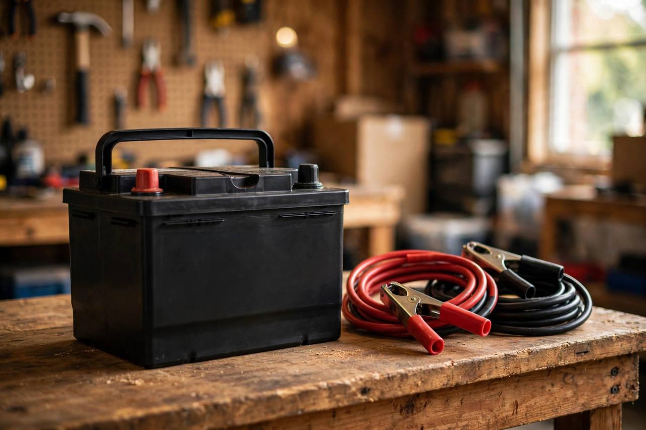 New car battery on a workbench next to jumper cables in a garage