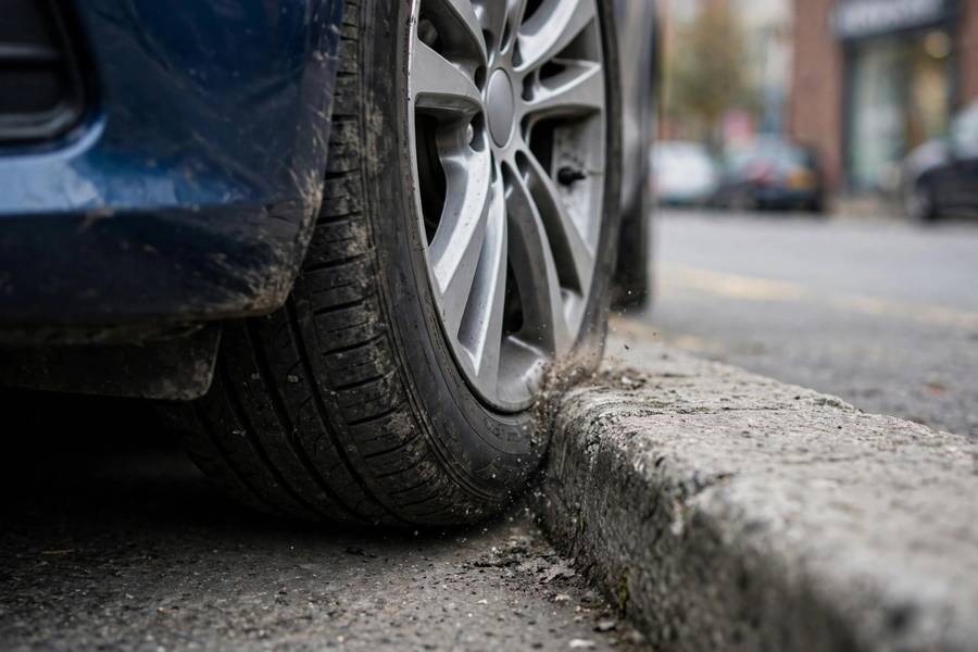 Curb strike causing wheel misalignment during parking