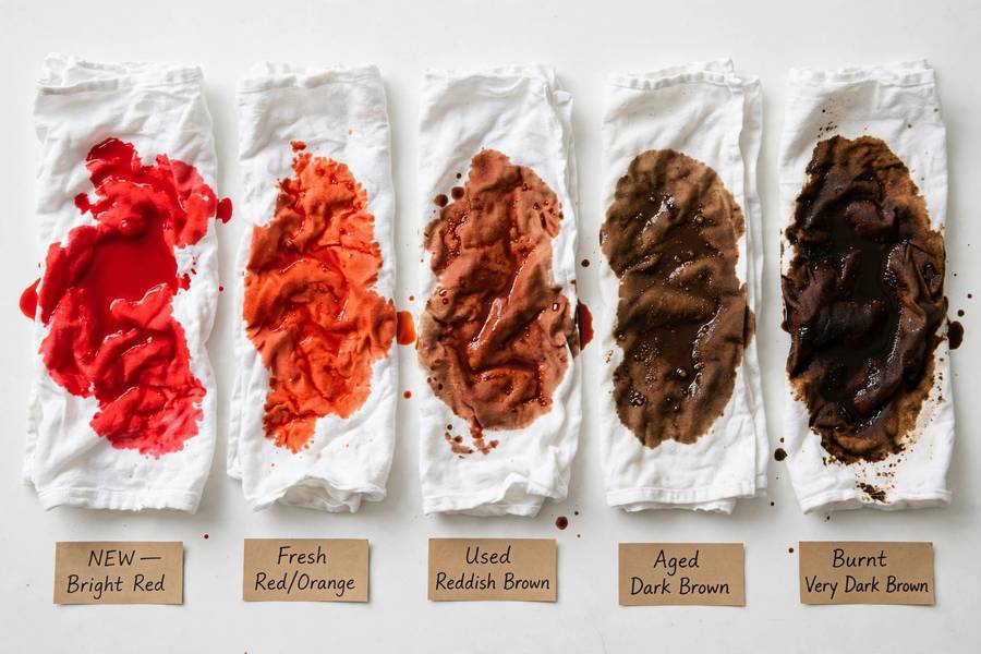 Transmission fluid color comparison on white rags from red to brown