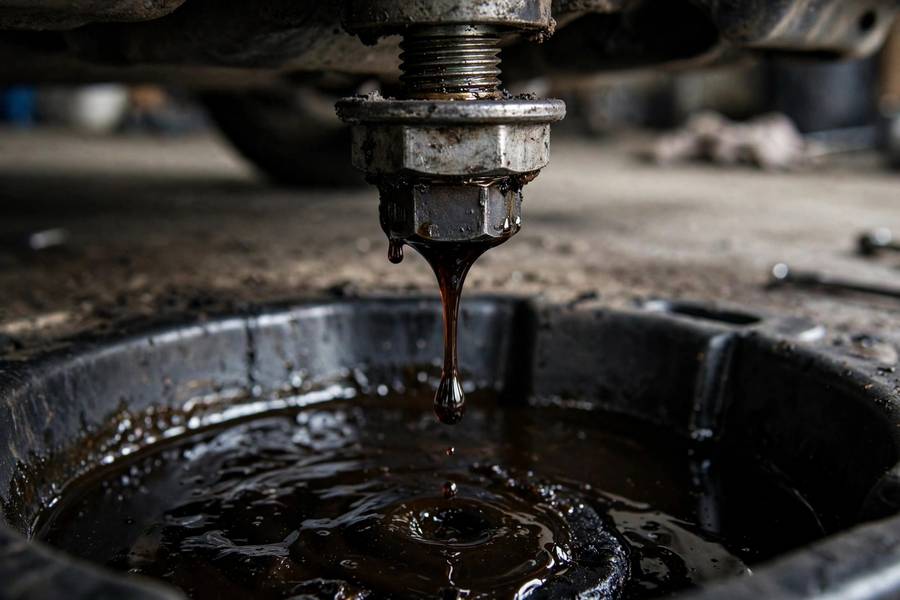 Dark burnt transmission fluid draining into a catch pan