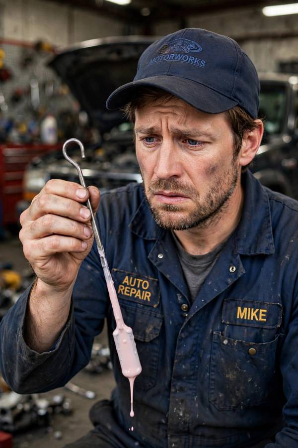 Mechanic inspecting milky pink contaminated transmission fluid on a dipstick