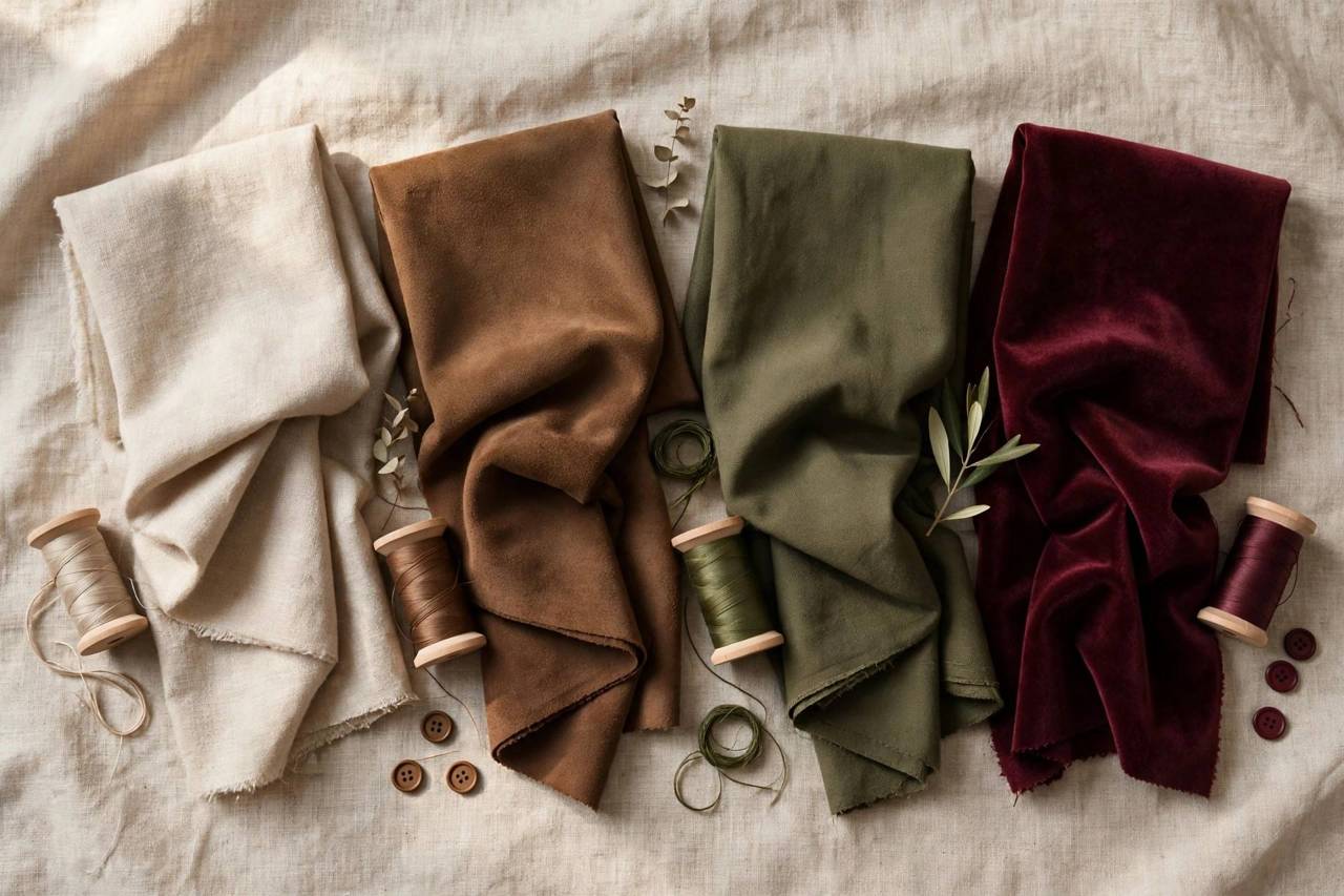 Fabric color swatches in beige, brown, olive, and burgundy arranged for outfit pairing